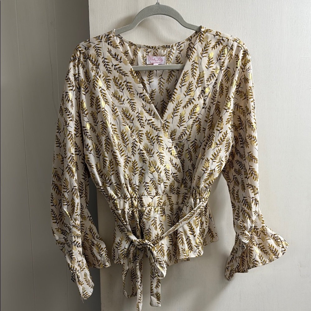 Pink Lily Cream and Gold Wrap Blouse with Bishop Sleeves